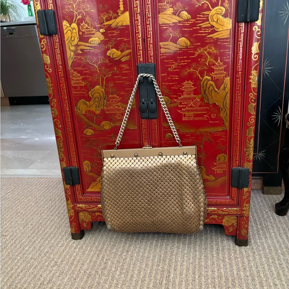 Whiting and Davis made in USA gold colour chainmail with patina handbag.